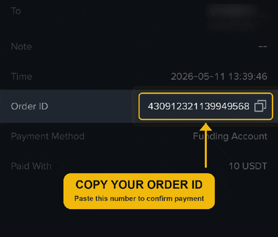 Finding the Binance Pay Order ID to complete a DHRU Fusion crypto payment